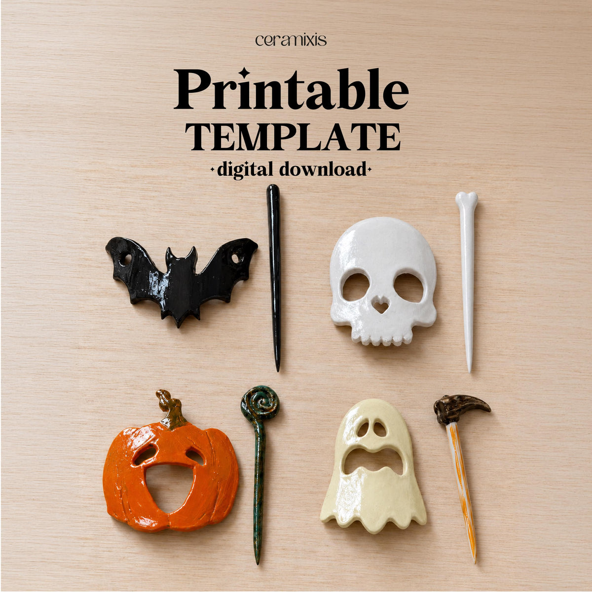 Halloween Hair Stick Set Pottery Template, Skull Hair Clip, Ceramic Slab Building, Digital Download