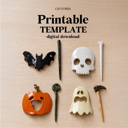 Halloween Hair Stick Set Pottery Template, Skull Hair Clip, Ceramic Slab Building, Digital Download