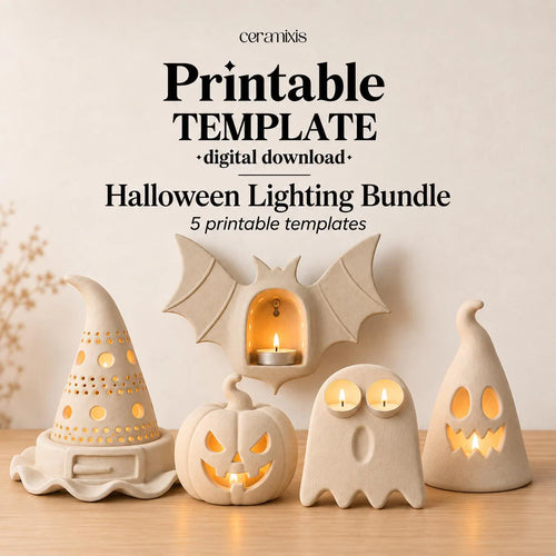 Halloween Luminary Pottery Bundle, 5 Printable Slab Building PDF Templates, Ghost Pumpkin Witch Bat