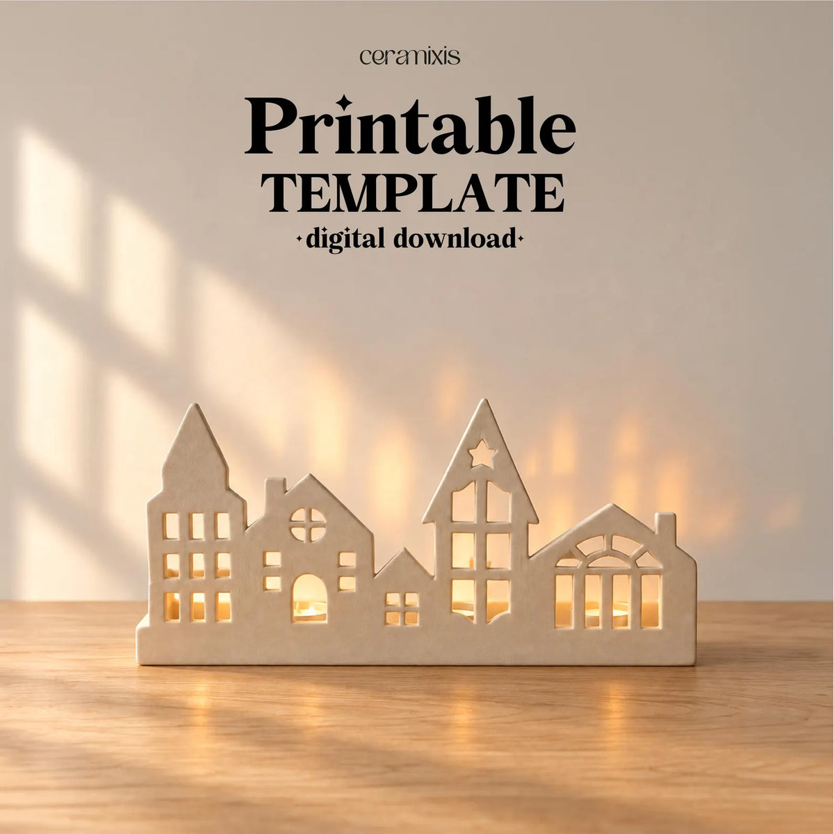 Christmas Village Tealight Holder Pottery Template, Ceramic Slab Building, Christmas Home Decor, Digital Download