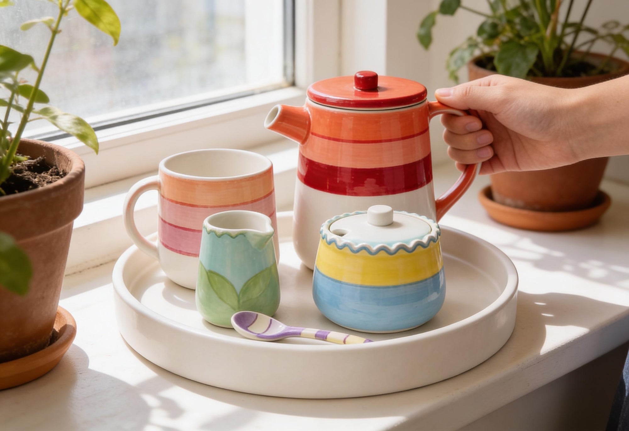 Tea Set with Tray Pottery Template, Ceramic Slab Building, Digital Download
