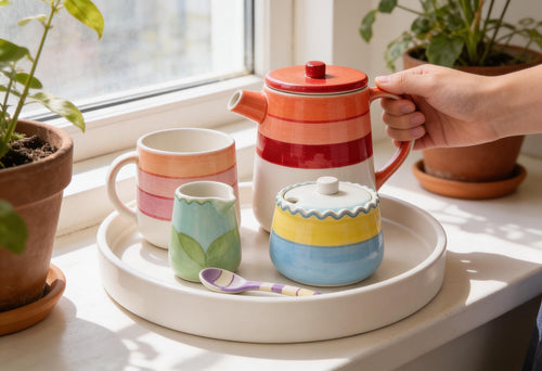 Tea Set with Tray Pottery Template, Ceramic Slab Building, Digital Download