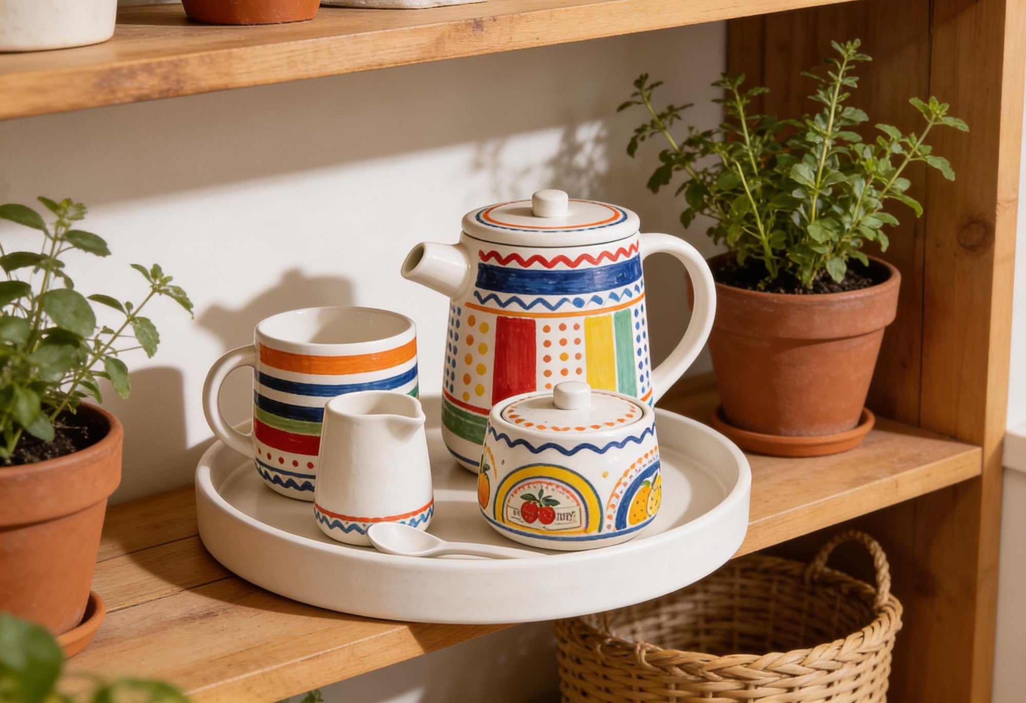 Tea Set with Tray Pottery Template, Ceramic Slab Building, Digital Download
